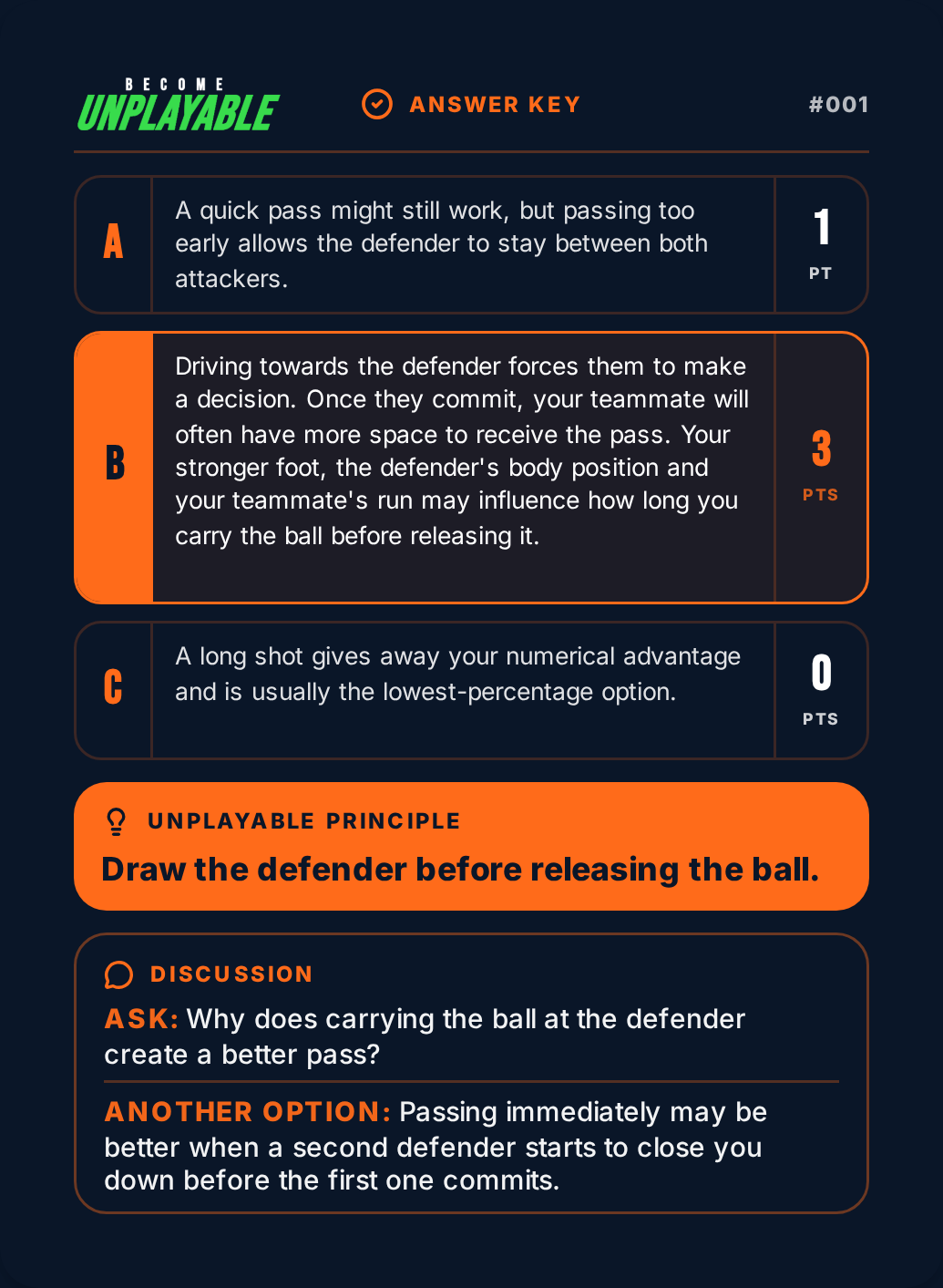 Back of Attacking Card 001 showing its answer key
