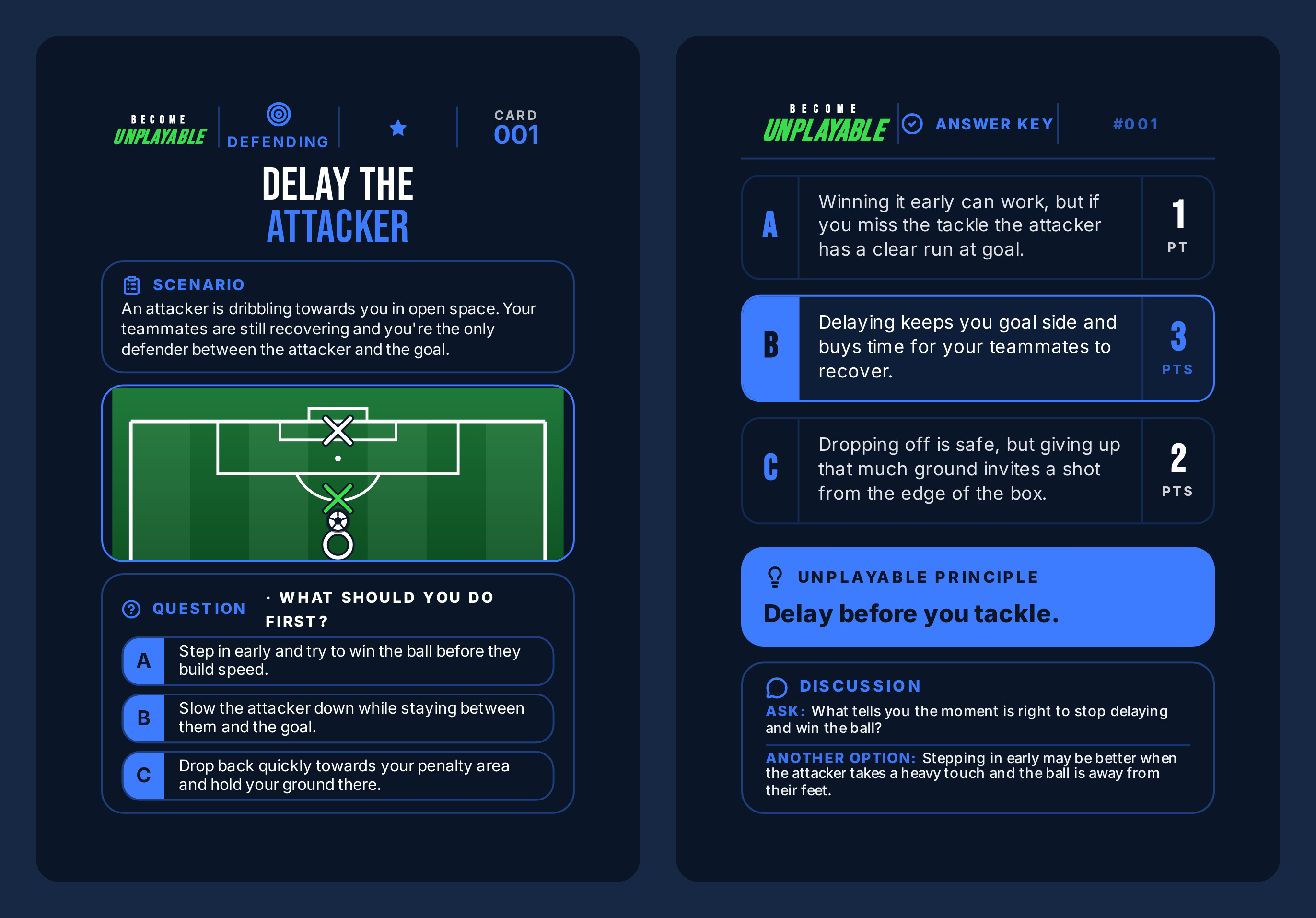 A Defending Pack scenario card front and its answer key back shown up close
